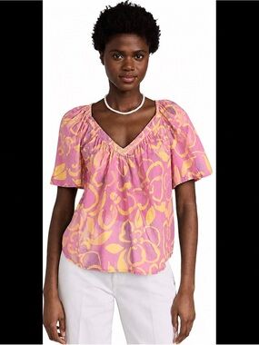Velvet by Graham & Spencer Pink and Yellow Floral V-Neck Puff Sleeve Blouse